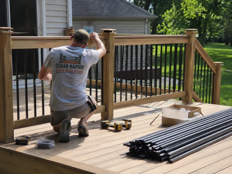 Installing black aluminum deck railing in Alburnett, Iowa