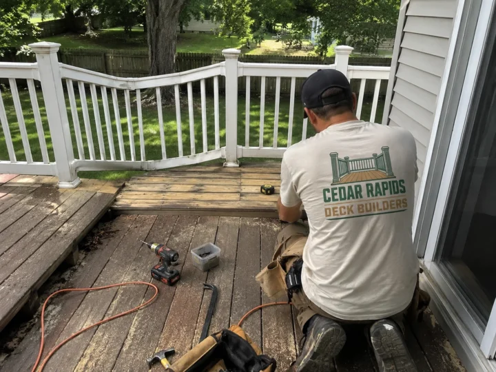 Repairing deck framing beside house in Alburnett, Iowa