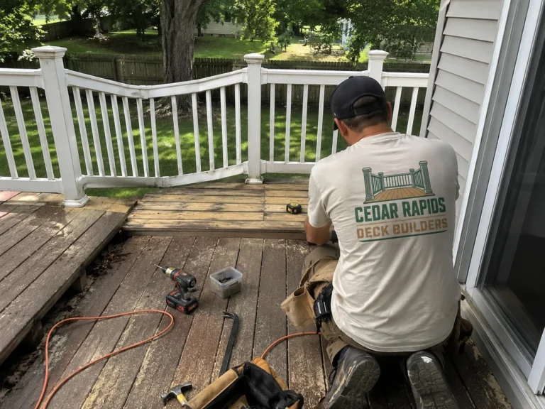 Repairing deck framing beside house in Alburnett, Iowa