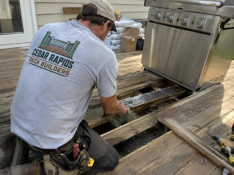 Replacing rotted deck boards near outdoor kitchen in Alburnett, Iowa