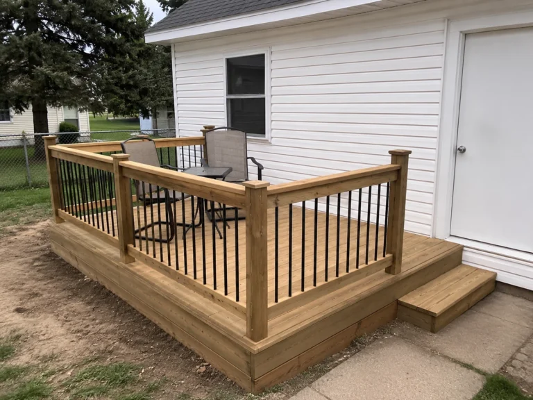 Small pressure treated wood deck beside garage in Alburnett, Iowa