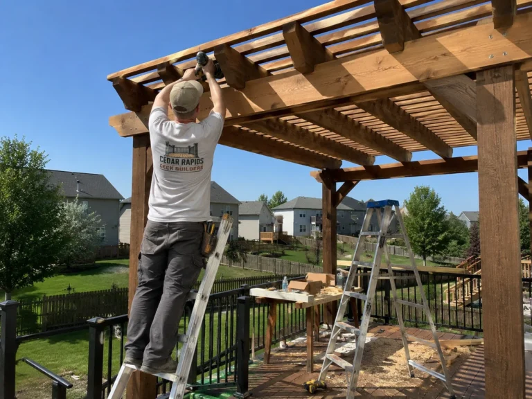 Building cedar pergola over deck in Anamosa, Iowa