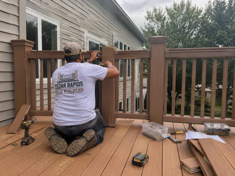 Installing brown composite deck railing in Anamosa, Iowa