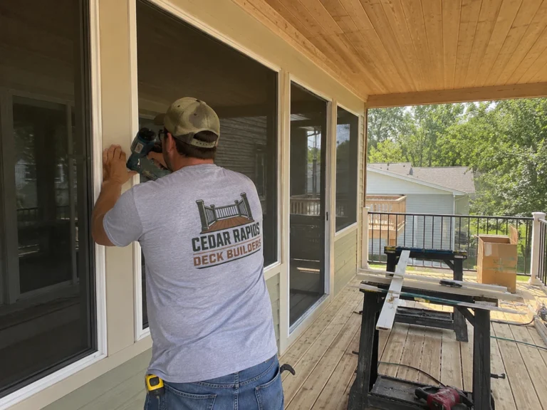 Installing covered deck ceiling trim in Atkins, Iowa