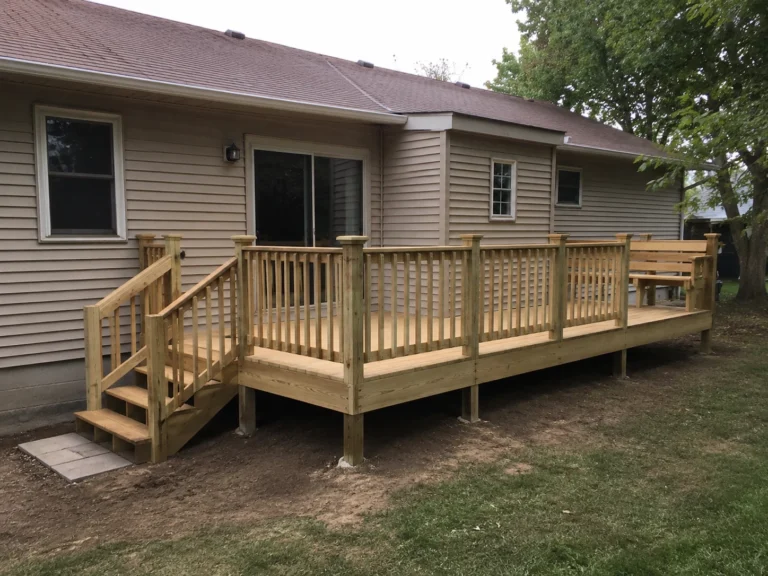 Long pressure treated backyard deck with stairs in Atkins, Iowa