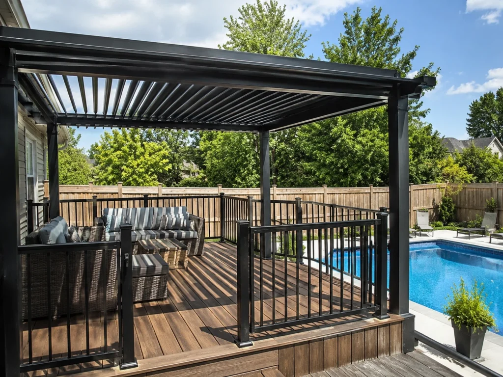 Black pergola over poolside deck in Cedar Rapids, Iowa