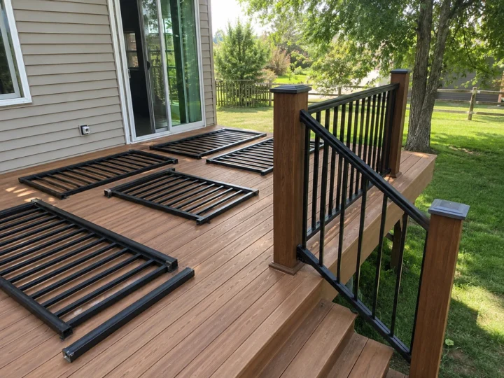 Black railing panels ready for installation in Cedar Rapids, Iowa