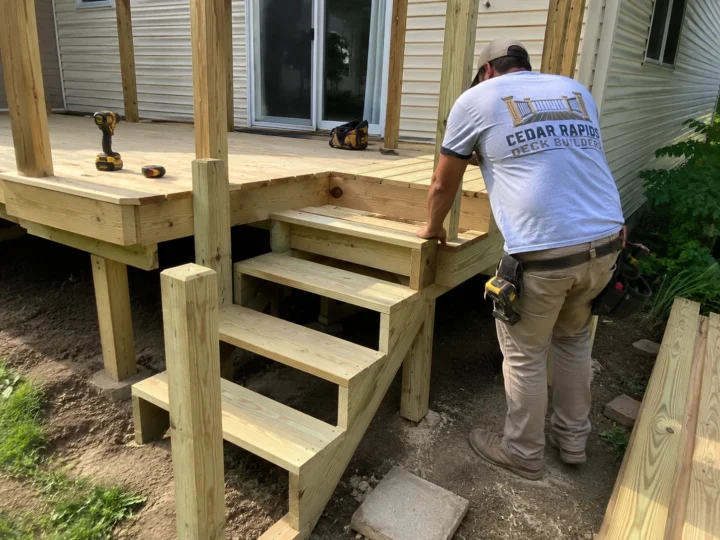 Building pressure treated deck stairs in Cedar Rapids, Iowa