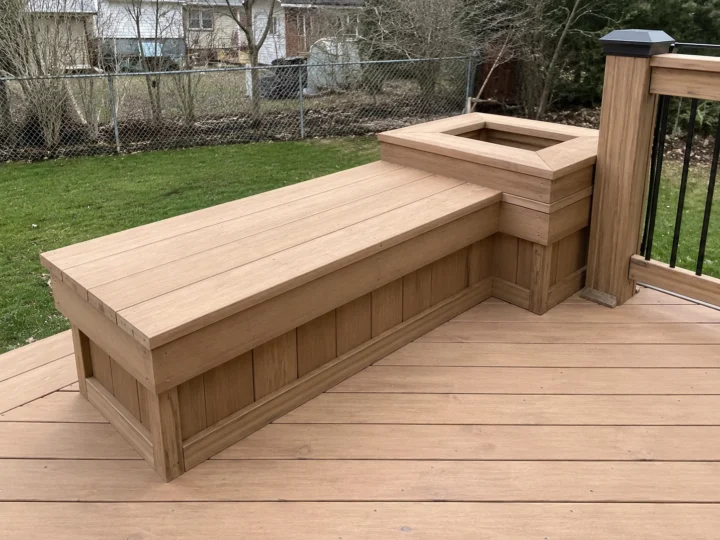 Composite deck with built in corner bench in Cedar Rapids, Iowa