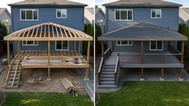 Covered deck before and after transformation in Cedar Rapids, Iowa