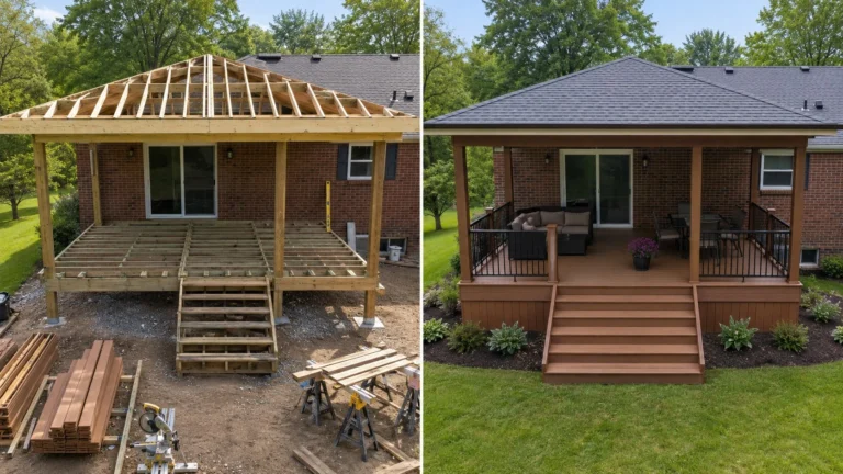 Covered deck construction before and after in Cedar Rapids, Iowa