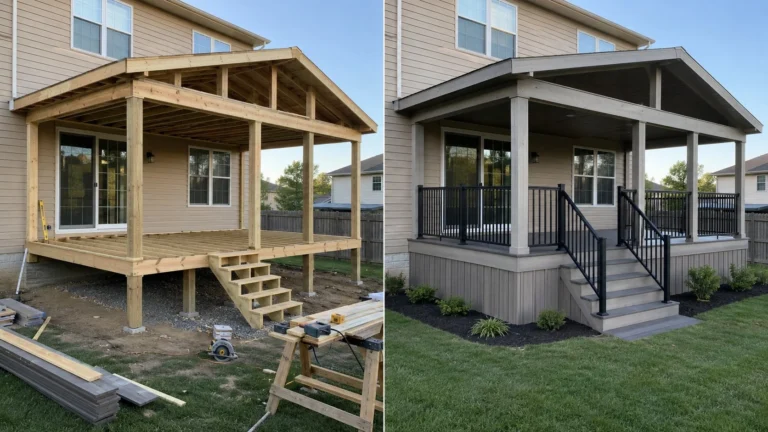 Covered deck with gray railing before and after in Cedar Rapids, Iowa