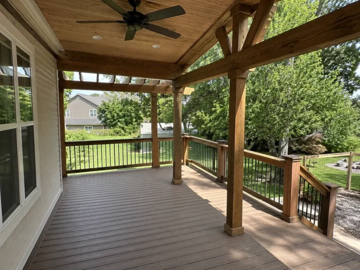 Covered porch interior with wood ceiling in Cedar Rapids, Iowa