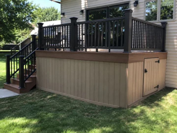 Elevated composite deck with black railing in Cedar Rapids, Iowa