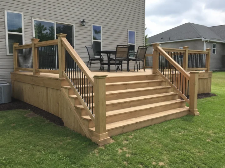 Finished pressure treated deck with wide stairs in Cedar Rapids, Iowa