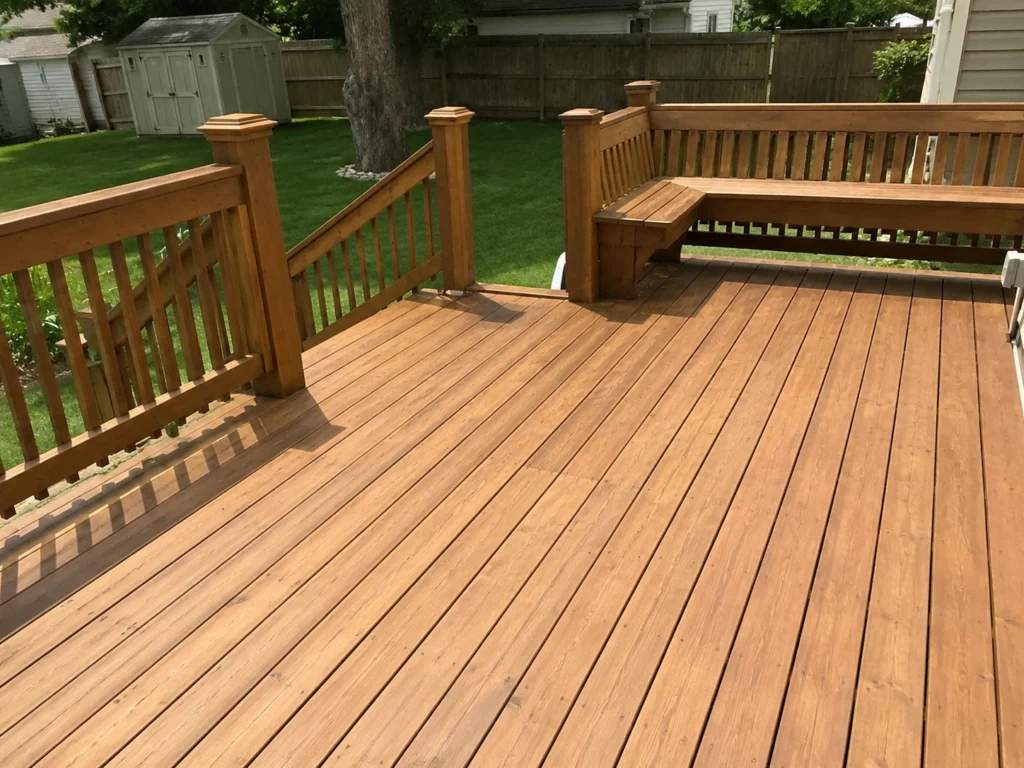 Finished tan composite deck with built in bench in Cedar Rapids, Iowa