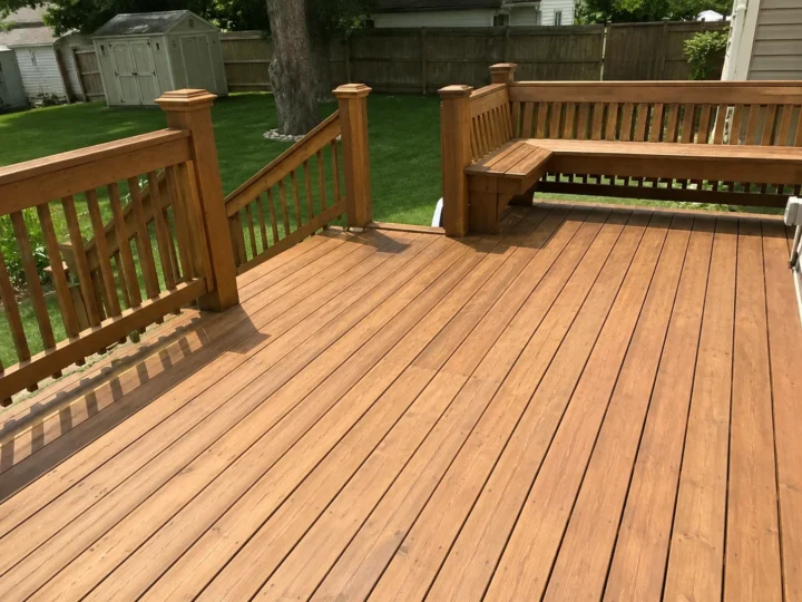 Finished tan composite deck with built in bench in Cedar Rapids, Iowa