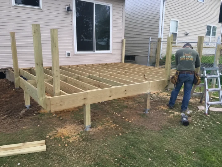 Framing new backyard deck in Cedar Rapids, Iowa