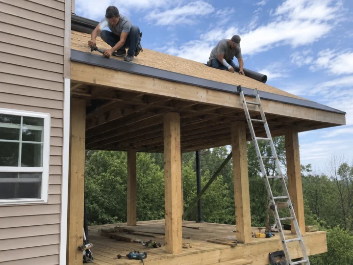 Framing roof over elevated deck in Cedar Rapids, Iowa