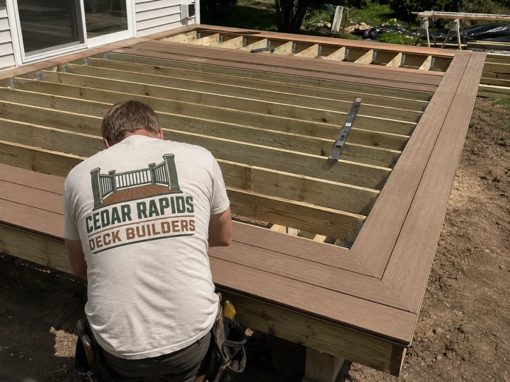 Framing small composite deck platform in Cedar Rapids, Iowa