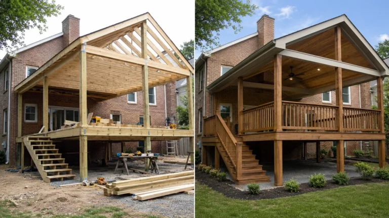 Gable roof covered deck before and after in Cedar Rapids, Iowa
