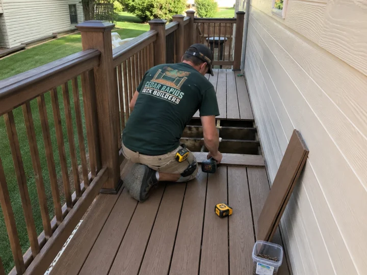 Installing brown composite deck boards in Cedar Rapids, Iowa
