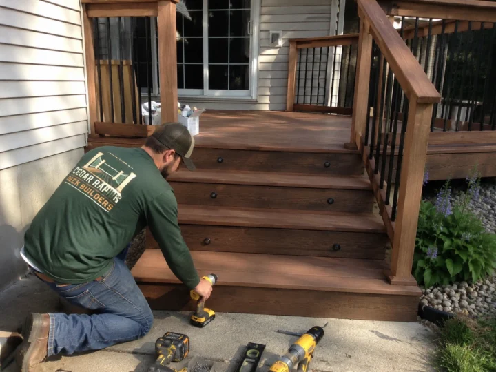 Installing brown composite stair treads in Cedar Rapids, Iowa