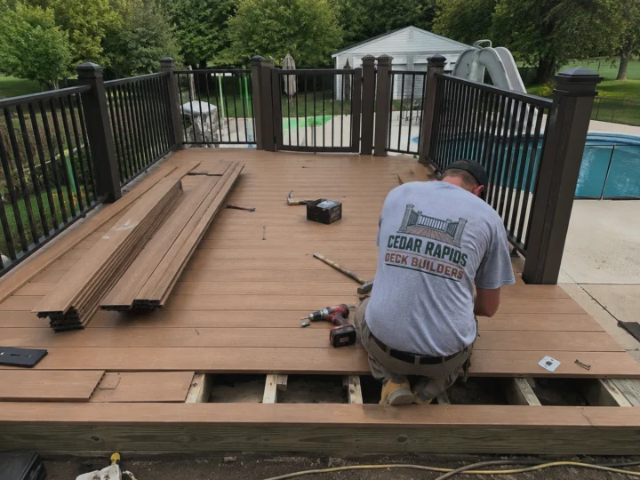 Installing composite deck boards by pool in Cedar Rapids, Iowa