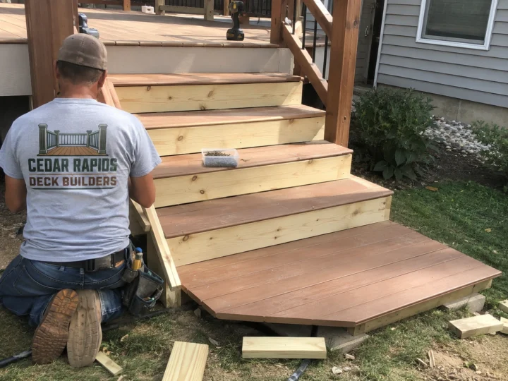Installing wide deck stairs in Cedar Rapids, Iowa