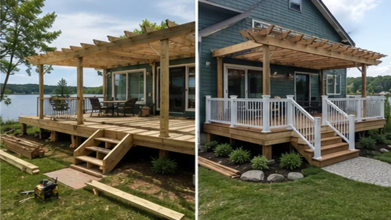 Lakeside pergola deck before and after in Cedar Rapids, Iowa