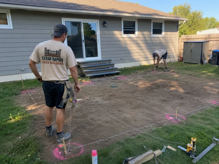 Laying out new ground level deck in Cedar Rapids, Iowa