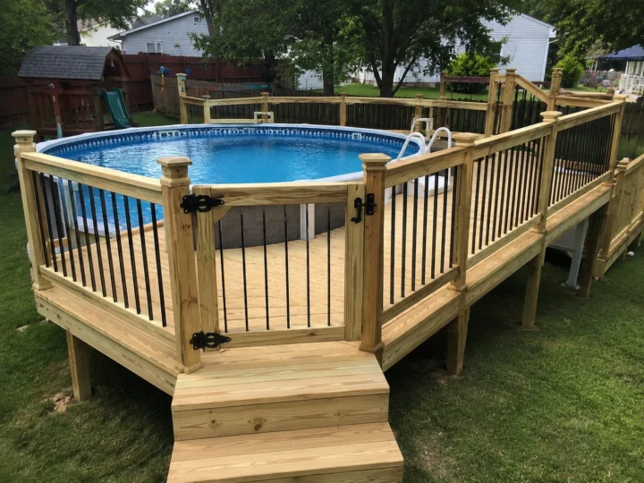Pool deck with black aluminum railing in Cedar Rapids, Iowa