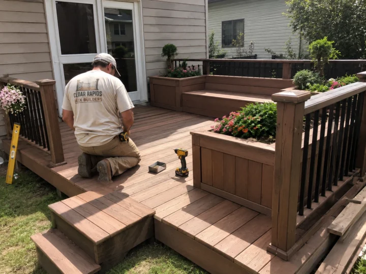 Repairing composite deck stairs and planters in Cedar Rapids, Iowa