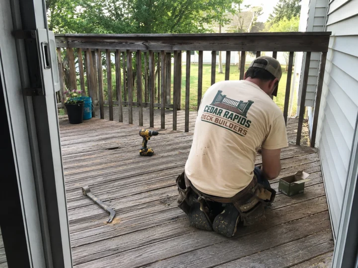 Repairing weathered deck boards in Cedar Rapids, Iowa