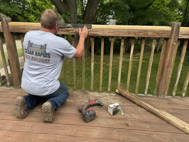 Repairing wood deck railing in Cedar Rapids, Iowa