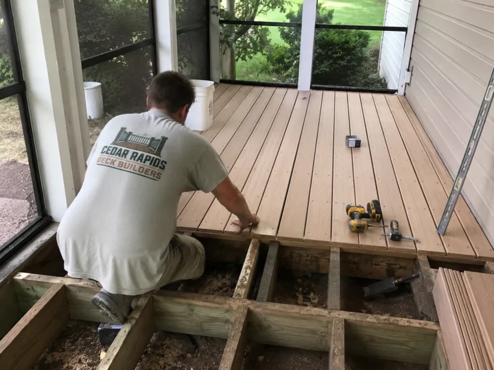 Replacing deck boards inside screened porch in Cedar Rapids, Iowa