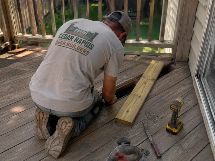 Replacing wood deck boards near house in Cedar Rapids, Iowa