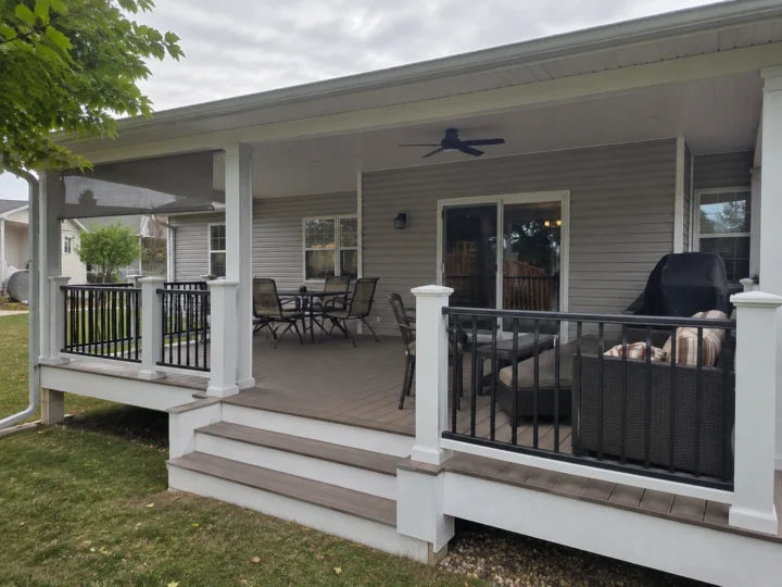 White covered porch with black railing in Cedar Rapids, Iowa