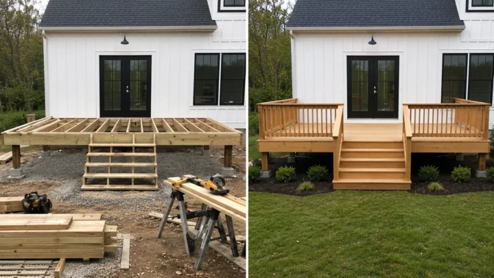 Deck design concept showing white house deck before and after in Cedar Rapids, Iowa