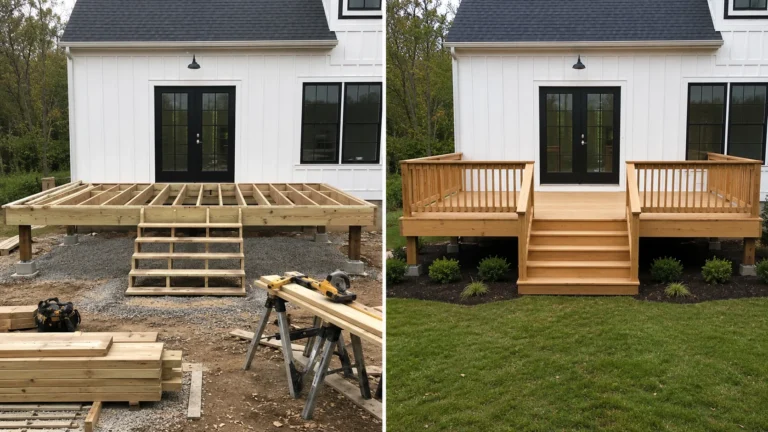 Deck design concept showing white house deck before and after in Cedar Rapids, Iowa