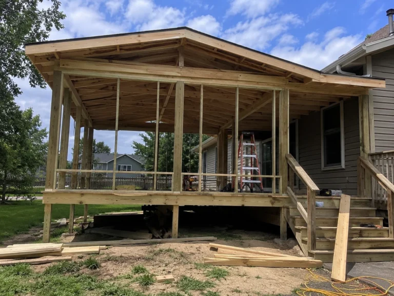 Building screened porch roof and framing in Center Point, Iowa