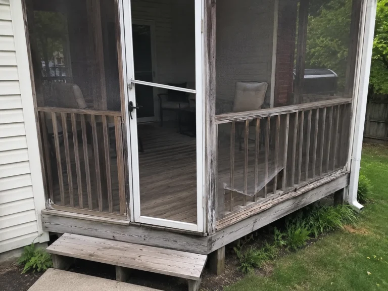 Screened porch exterior before repair in Center Point, Iowa