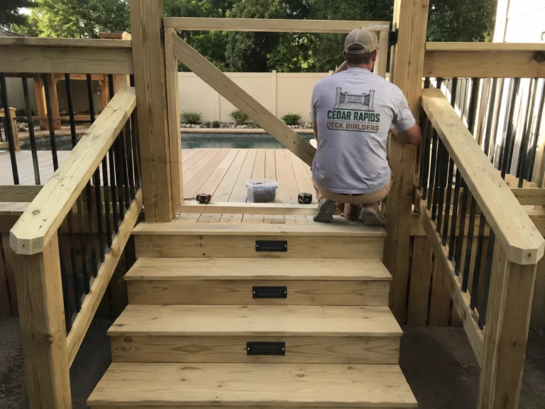 Building wide deck staircase in Central City, Iowa
