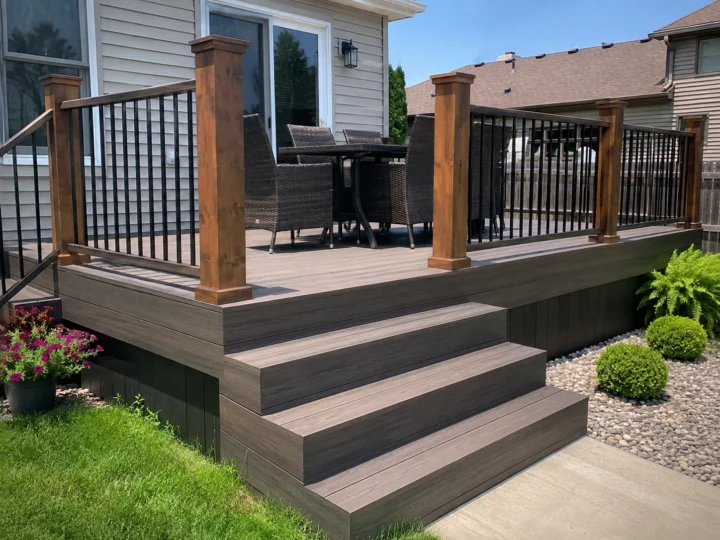 Composite deck with black railing and wide stairs in Central City, Iowa
