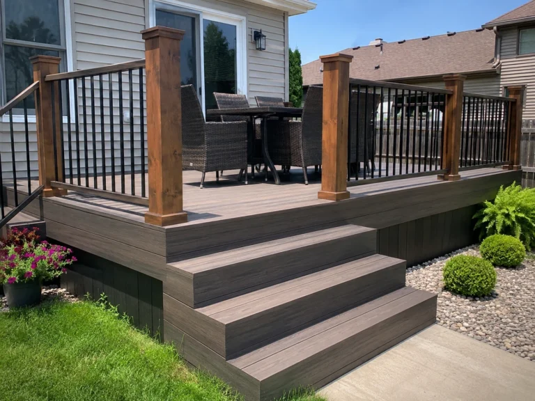 Composite deck with black railing and wide stairs in Central City, Iowa