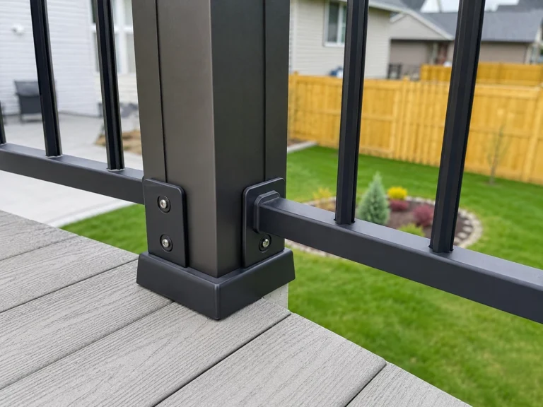 Black aluminum railing post connection closeup in Fairfax, Iowa