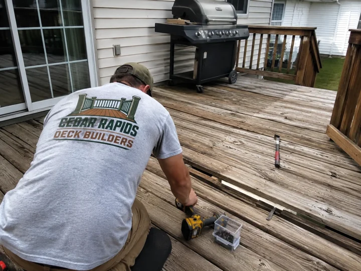 Removing weathered deck boards in Fairfax, Iowa