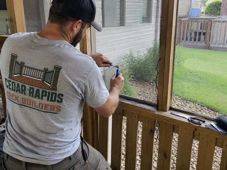 A screened porch railing opening being measured