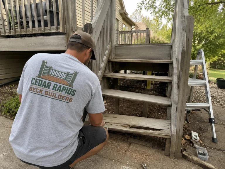 Repairing weathered deck stairs in Hiawatha, Iowa