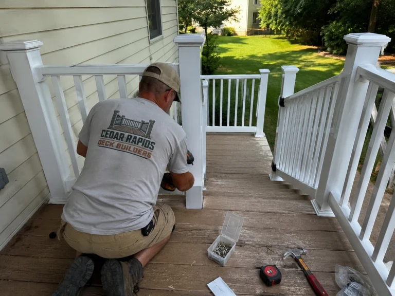 Repairing white deck railing in Hiawatha, Iowa